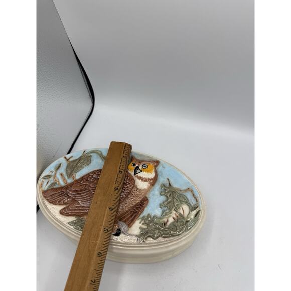 Vintage Embossed Owl Ceramic Trinket Box M.R. Signed Oval Nature Scene 8x5” - Picture 12 of 12
